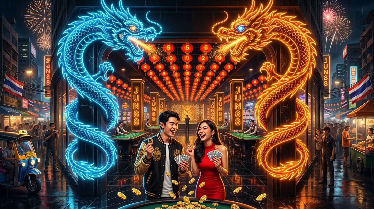 JUN88 – Pasangan Thailand muda menang besar di kasino neon dragon den Bangkok dengan dua naga biru dan oranye berhadapan